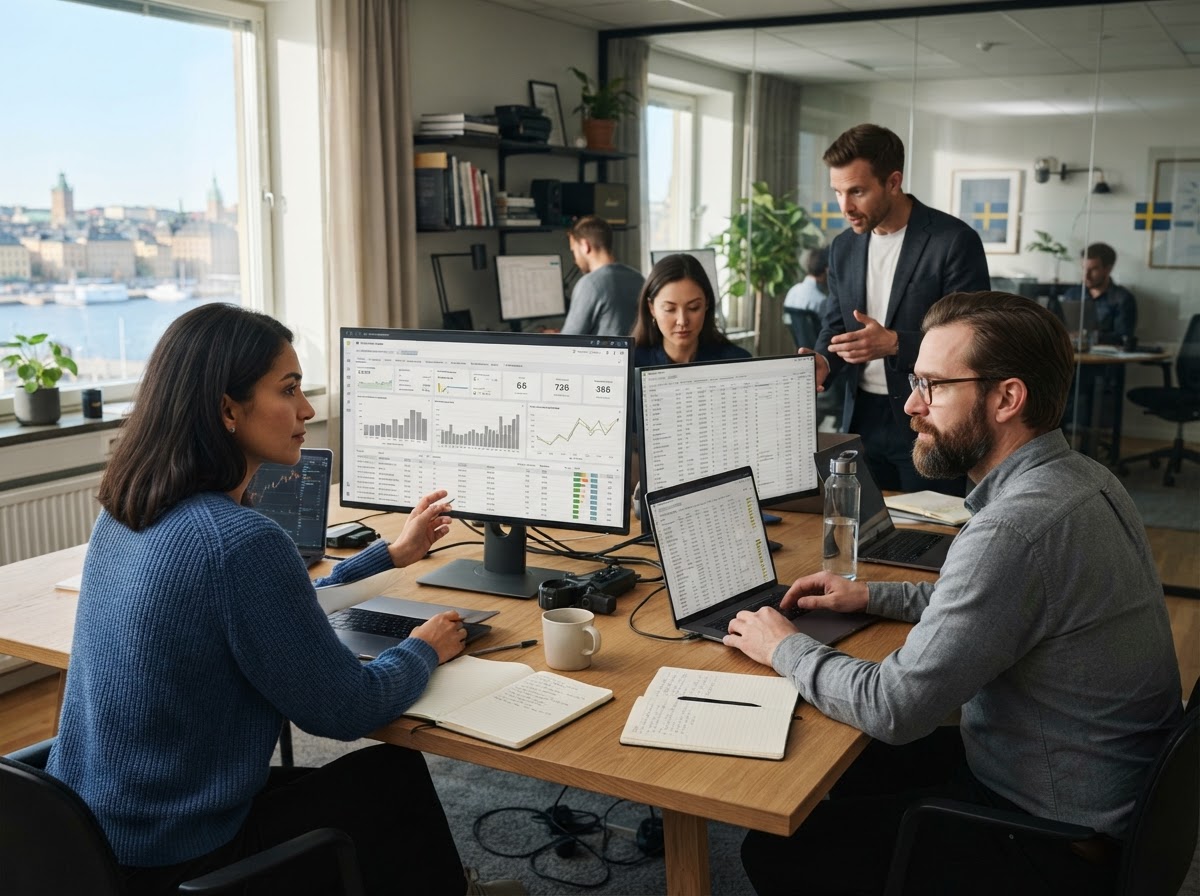 Svensktillvxt AI analyst reviewing portfolio data on screen